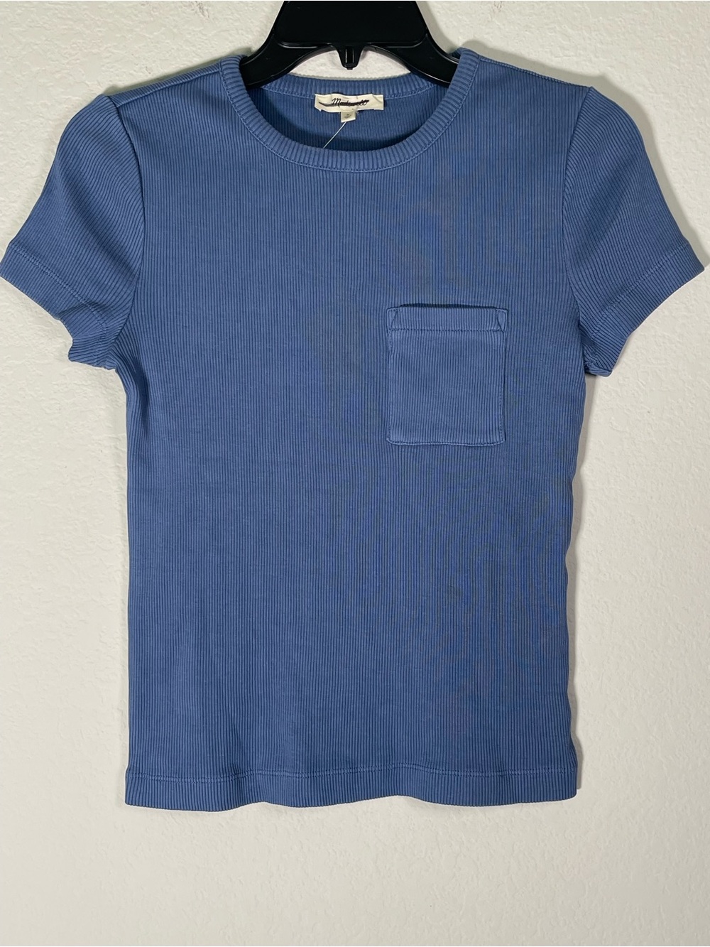 Madewell NWT Garment Dyed Ribbed Crewneck Pocket Tee Size Small Delphinium Blue